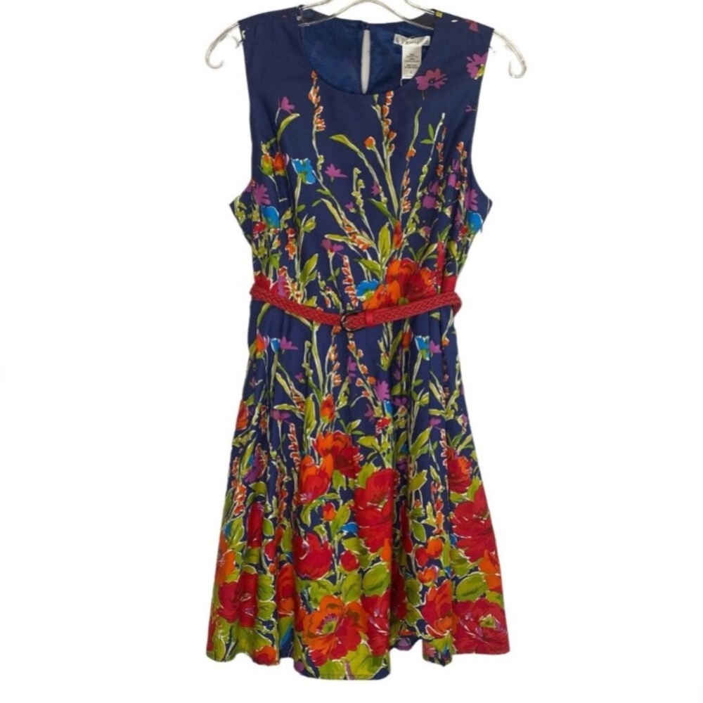 Esley Blue Red Floral Shift Dress Junior Size Medium Sleeveless Belted Cotton